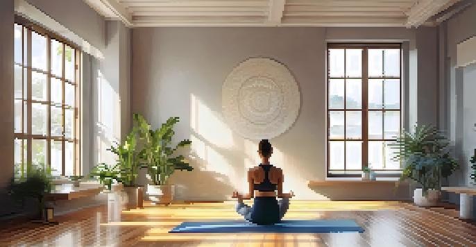 A person practicing deep breathing in a tranquil yoga studio filled with plants and soft morning light.