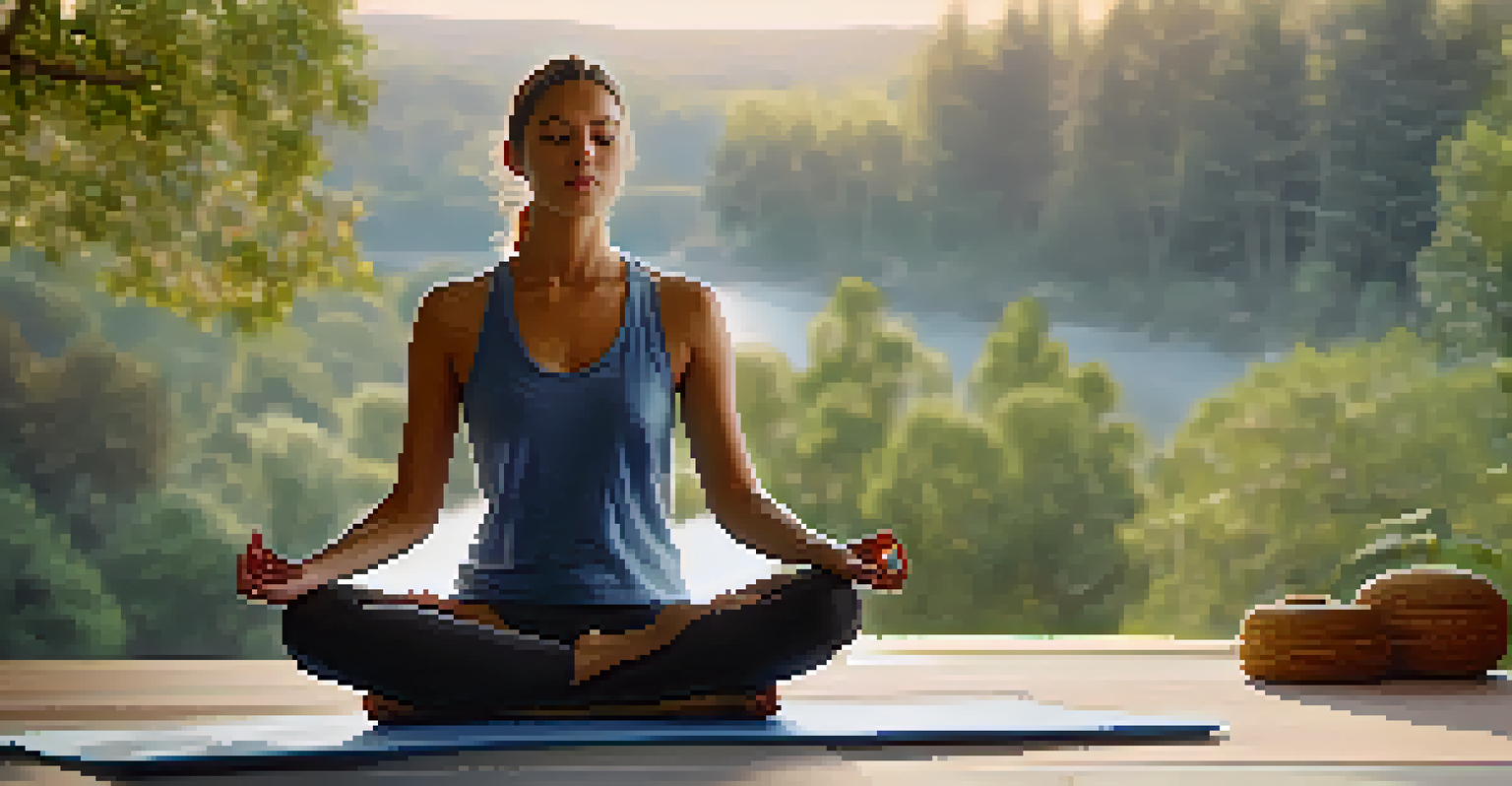 A close-up of a person sitting cross-legged on a mat, practicing breath control with a calm expression.