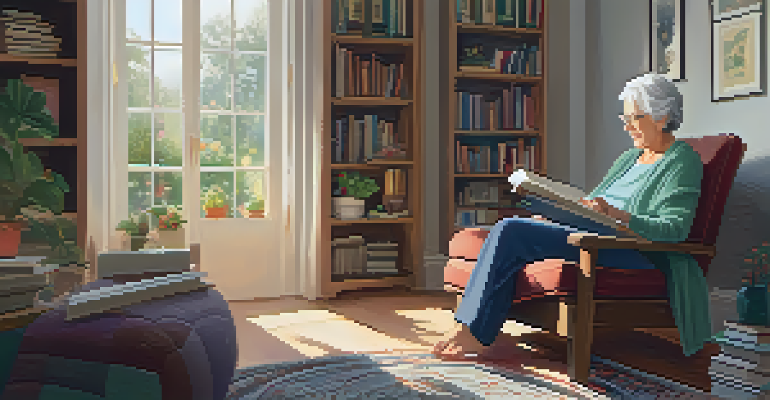 An older woman practicing chair yoga at home in a cozy living room setting.