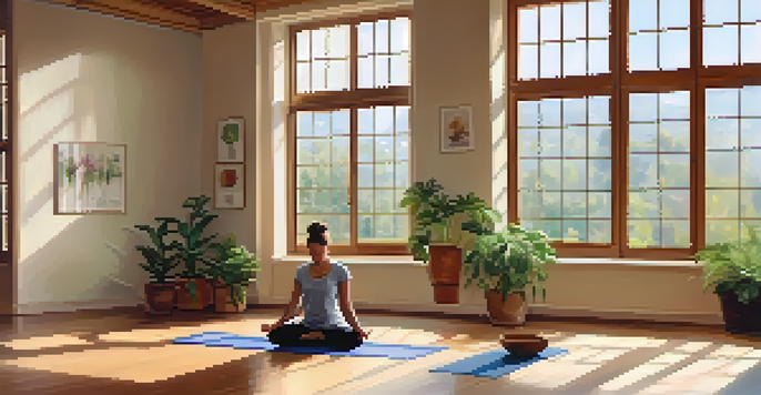 A tranquil yoga studio with a person practicing Child's Pose on a wooden floor, surrounded by plants and soft morning light.