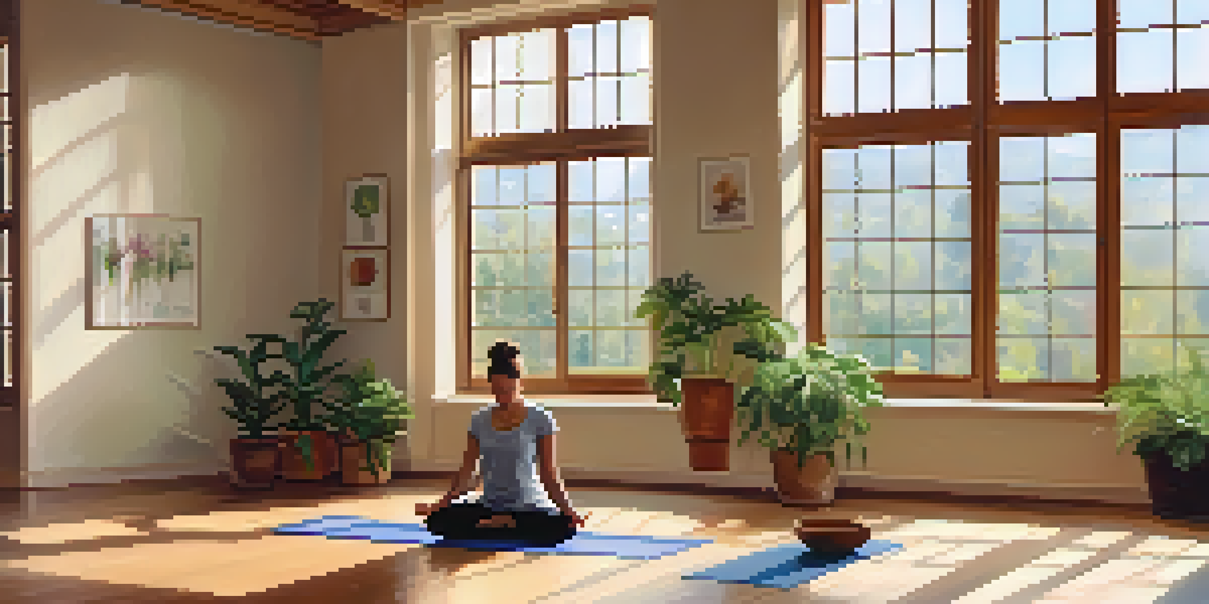 A tranquil yoga studio with a person practicing Child's Pose on a wooden floor, surrounded by plants and soft morning light.
