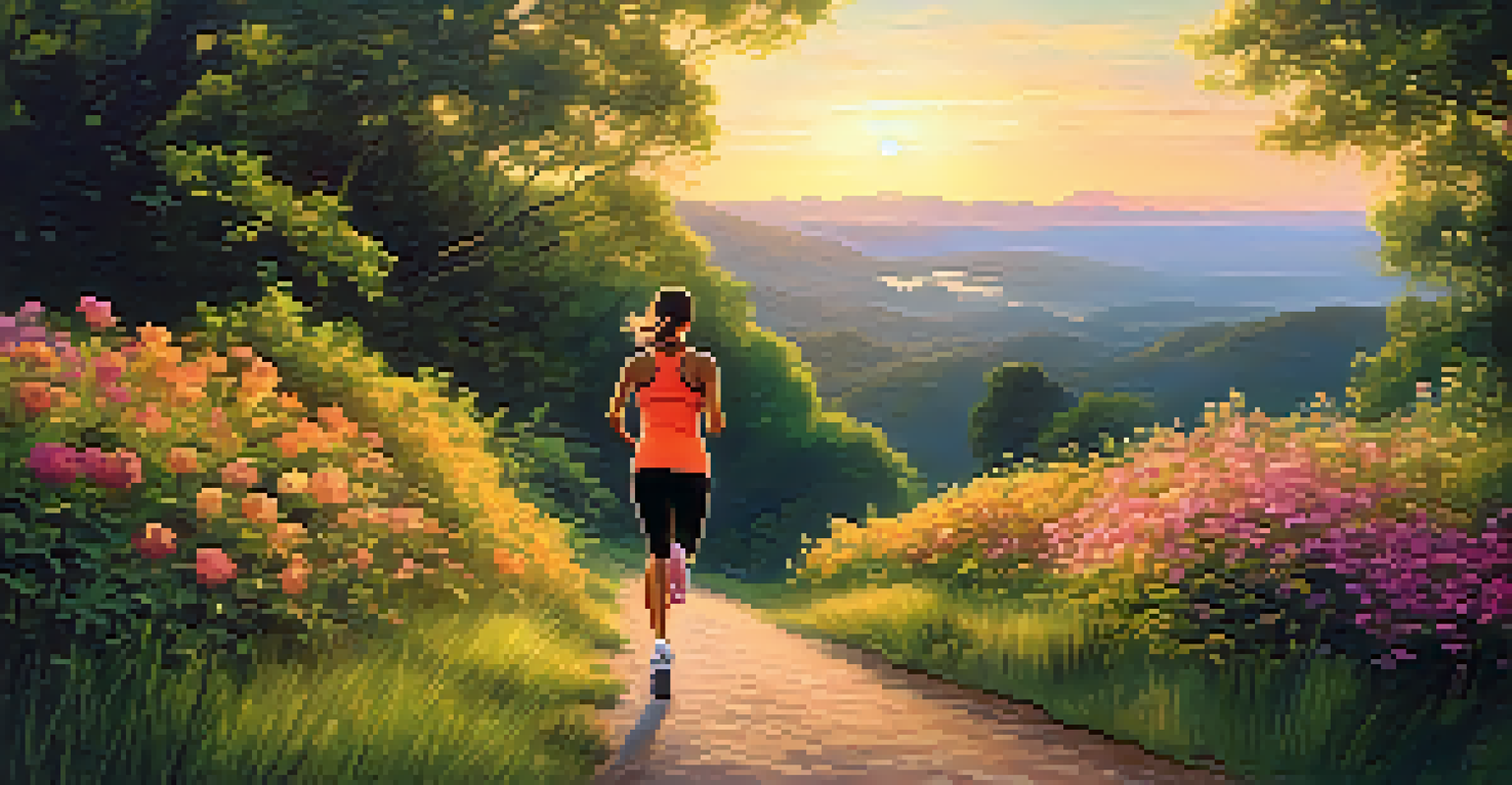 A person jogging on a scenic trail with greenery and flowers, under a golden sunset.