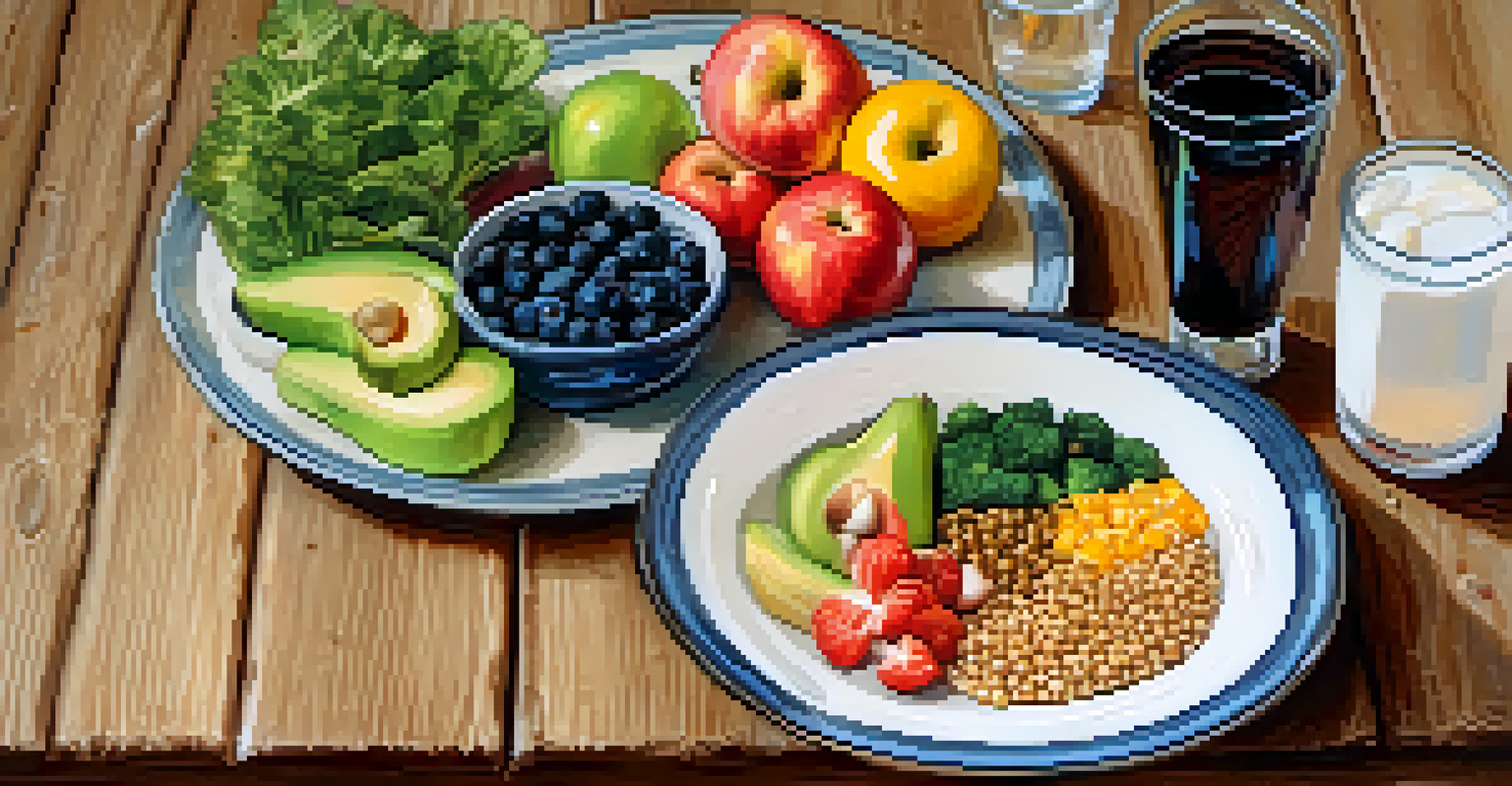 A balanced meal with fruits, vegetables, whole grains, and a glass of water on a wooden table.