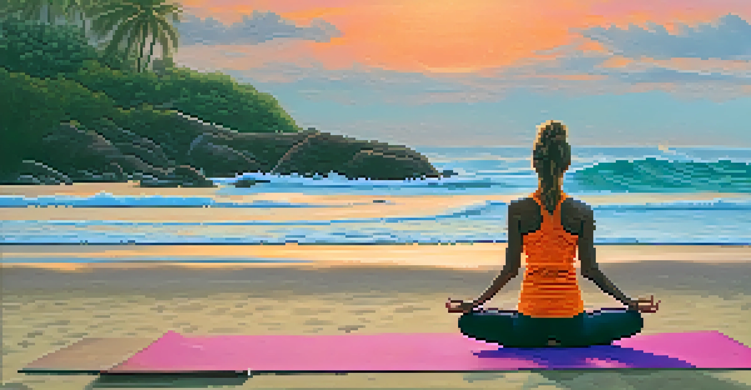 A female practitioner doing a Plank pose on a yoga mat at the beach during sunrise with waves and a colorful sky.