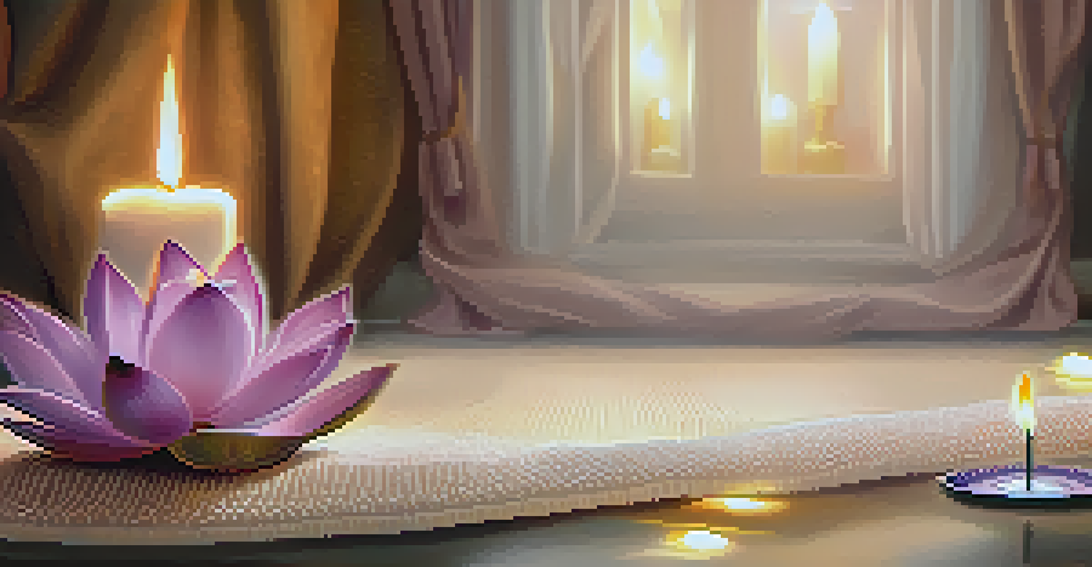 A close-up of a yoga mat featuring a lotus flower and a candle, with a serene and warm ambiance in the background.