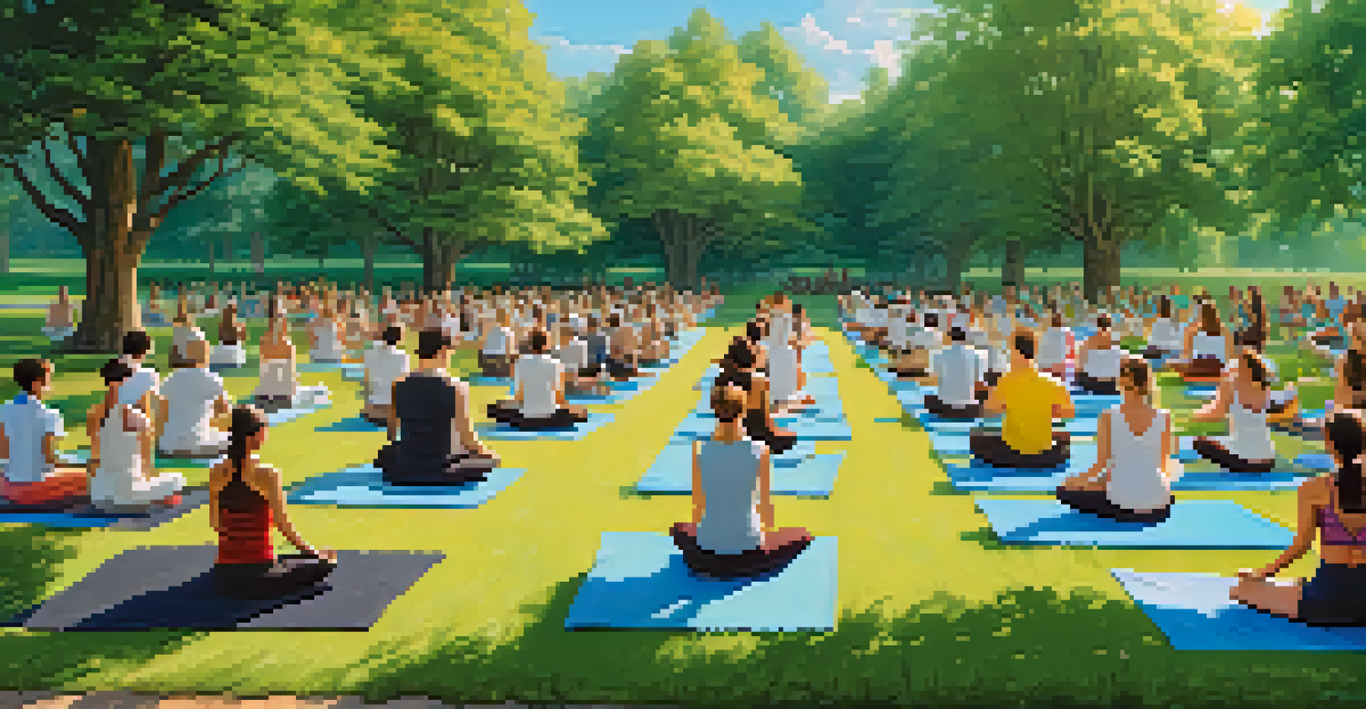 A diverse group of people practicing yoga outdoors on eco-friendly mats in a green park with trees and flowers around.