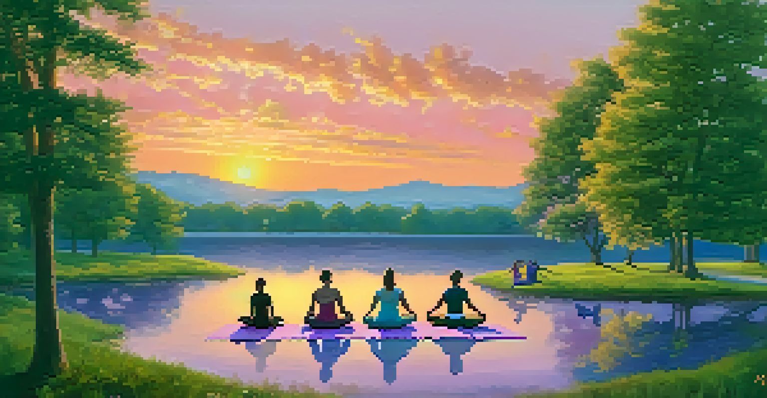 A group of individuals practicing yoga in a park at sunset, with a colorful sky and a tranquil lake in the background.