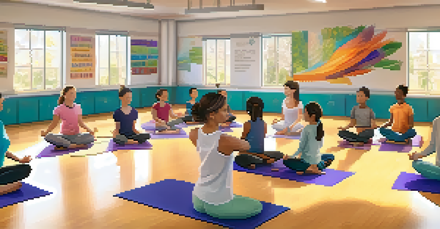 A teacher demonstrating a yoga pose in a colorful classroom, with students following along in a collaborative atmosphere.