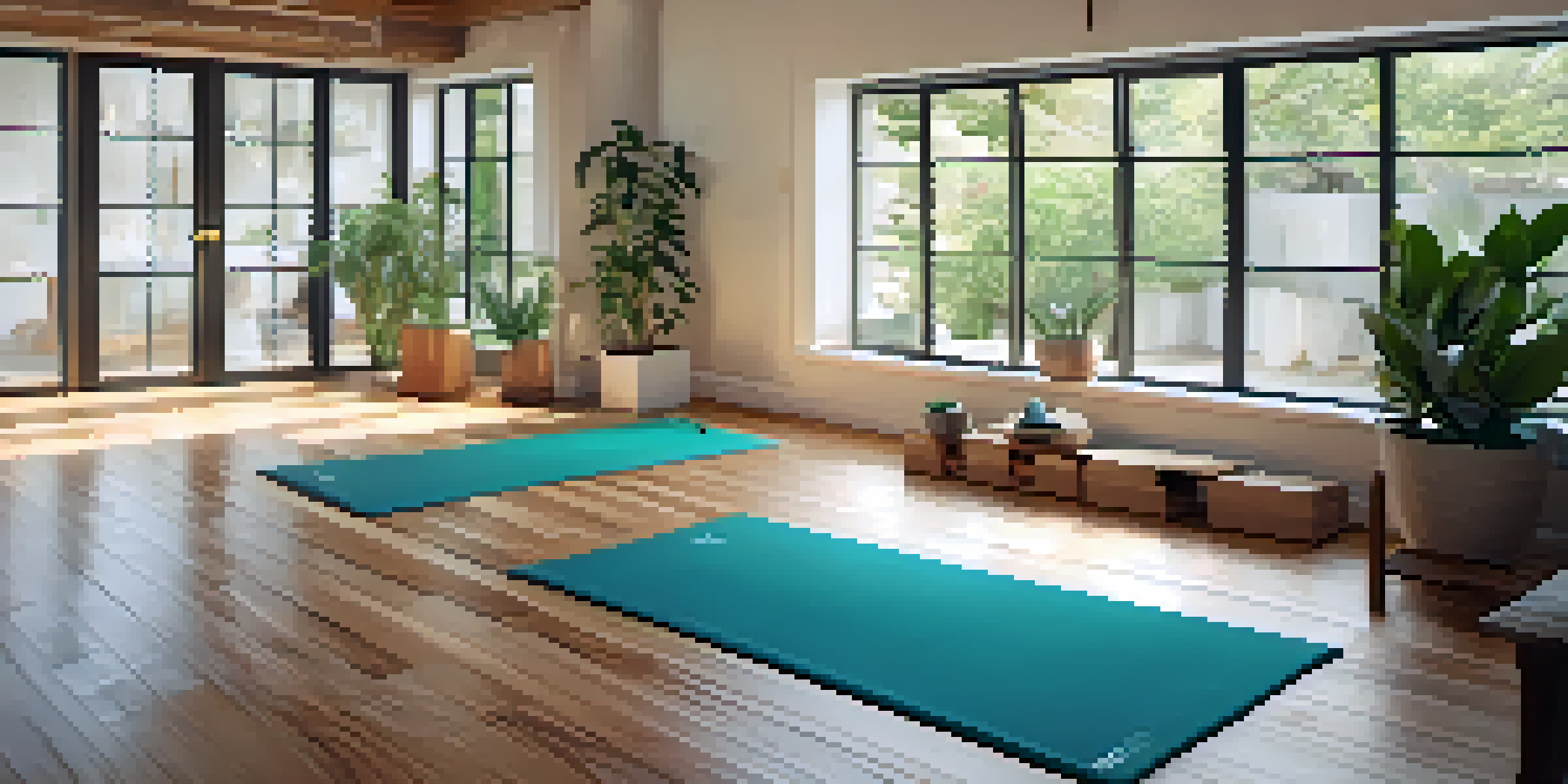 A peaceful yoga studio with soft lighting and various yoga props arranged neatly, creating a calming atmosphere for practice.
