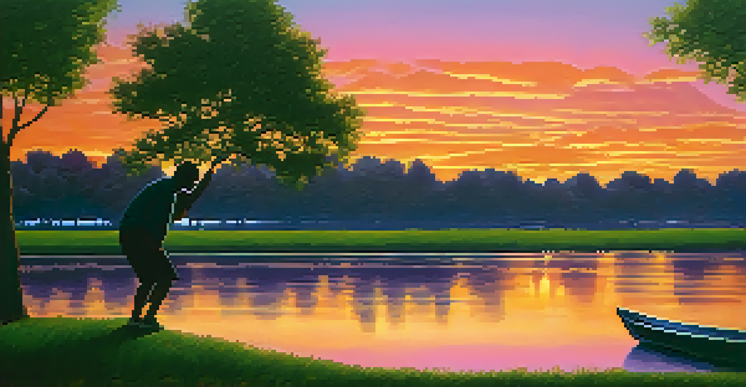 A person in the Boat yoga pose on grass at sunset with a colorful sky.