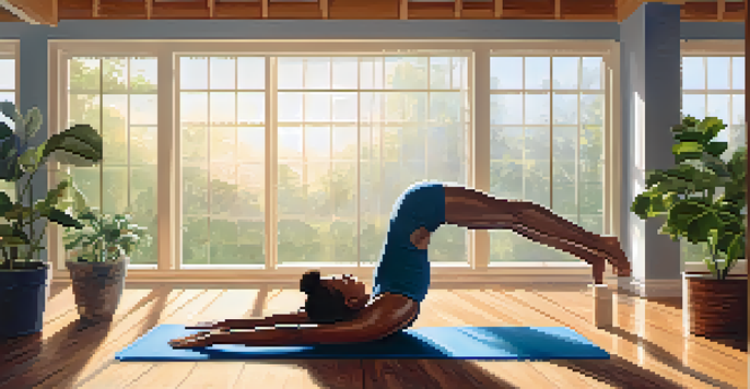 A person practicing yoga in a well-lit studio, transitioning from downward dog to plank pose, surrounded by greenery.