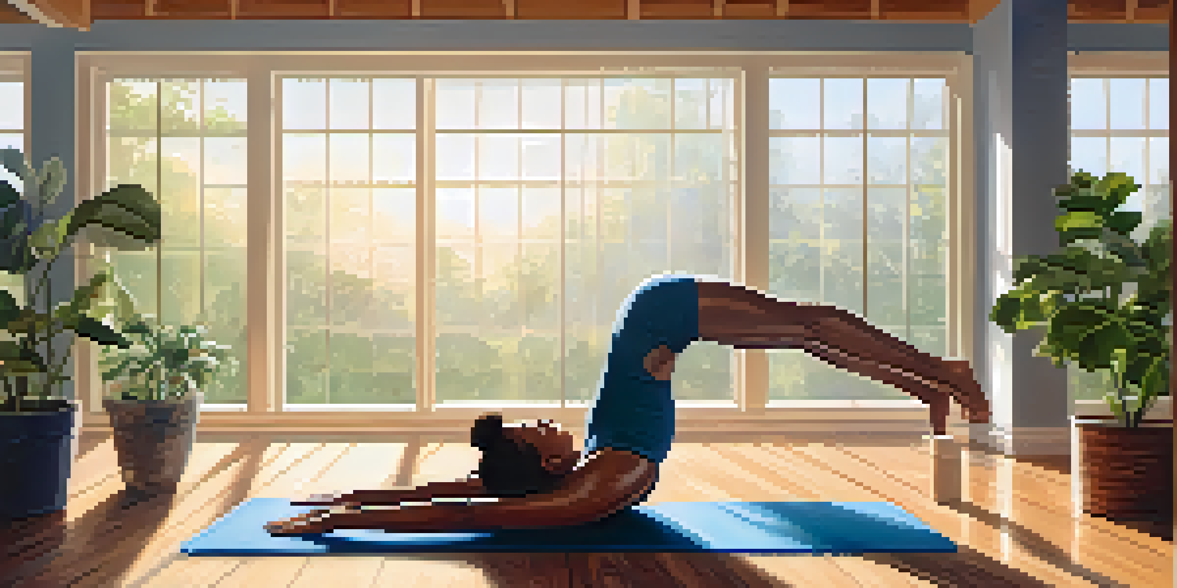 A person practicing yoga in a well-lit studio, transitioning from downward dog to plank pose, surrounded by greenery.