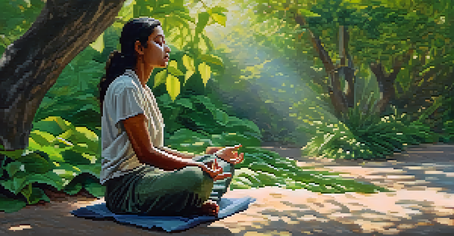 A person practicing alternate nostril breathing in a serene outdoor environment surrounded by greenery.