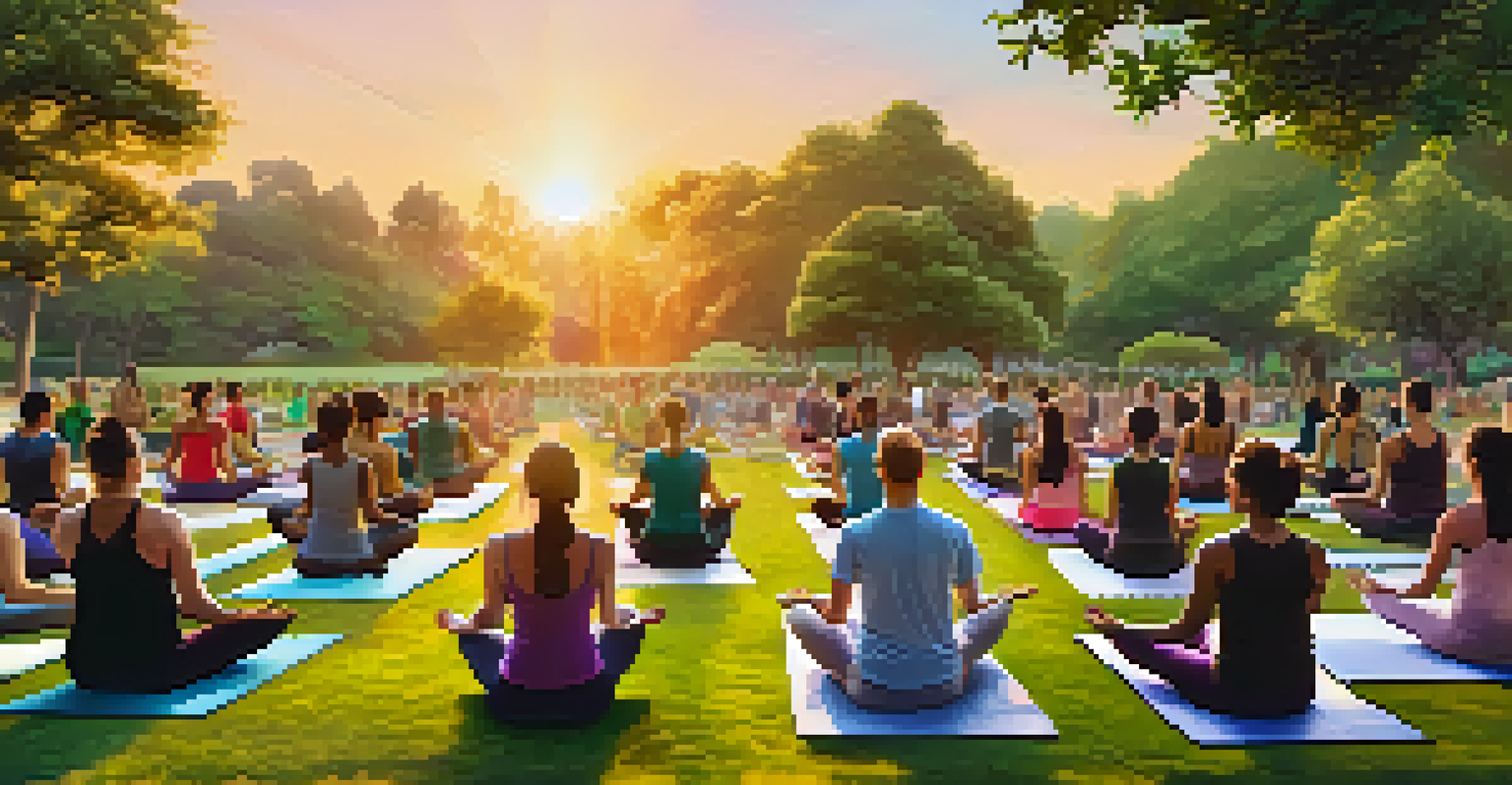 A group of people practicing yoga in a green park during sunset, surrounded by vibrant colors of the sky and nature.