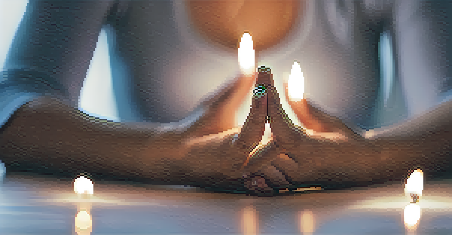 Close-up of hands in a mudra position practicing alternate nostril breathing in a peaceful room.