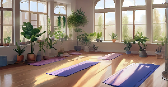 A group of diverse individuals practicing yoga in a bright studio filled with plants and soft mats, illuminated by sunlight.