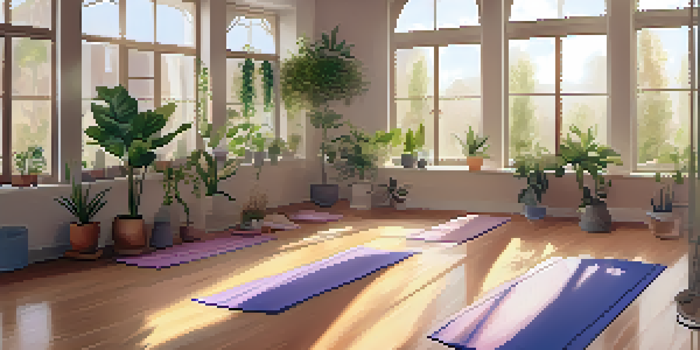 A group of diverse individuals practicing yoga in a bright studio filled with plants and soft mats, illuminated by sunlight.