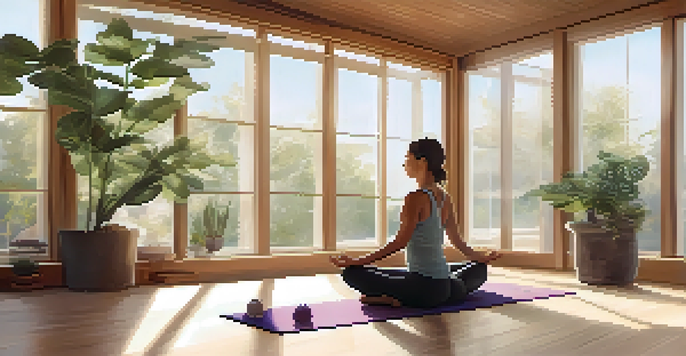 A person in Child's Pose on a yoga mat in a bright, serene indoor space with plants.