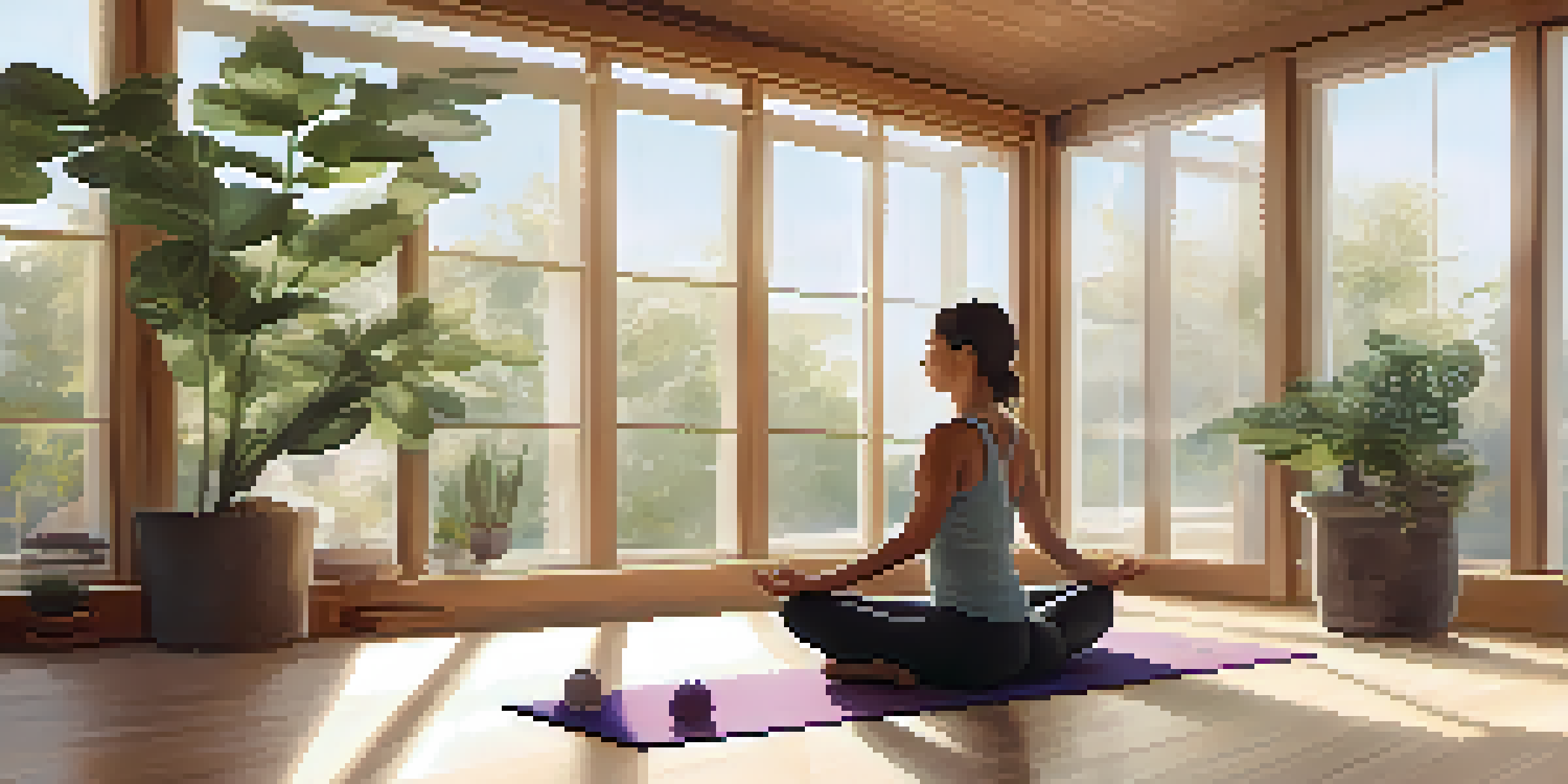 A person in Child's Pose on a yoga mat in a bright, serene indoor space with plants.