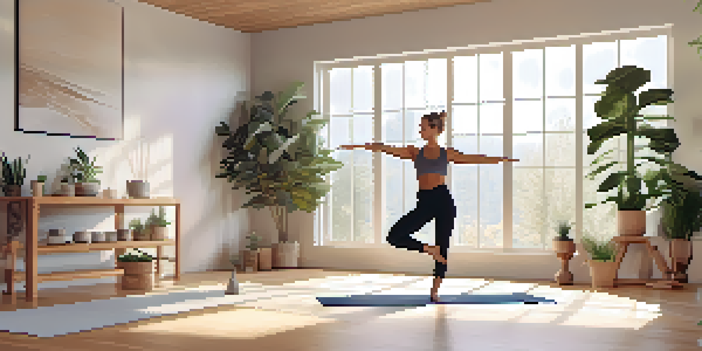 A peaceful yoga studio with a person practicing Warrior II pose, surrounded by plants and soft natural light.
