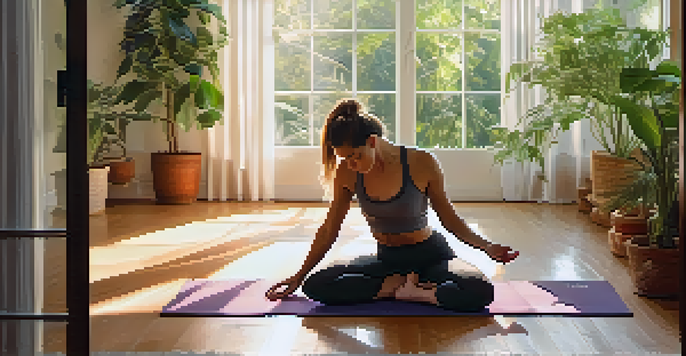 A woman practicing Downward Dog yoga pose in a bright, plant-filled room with soft morning light.