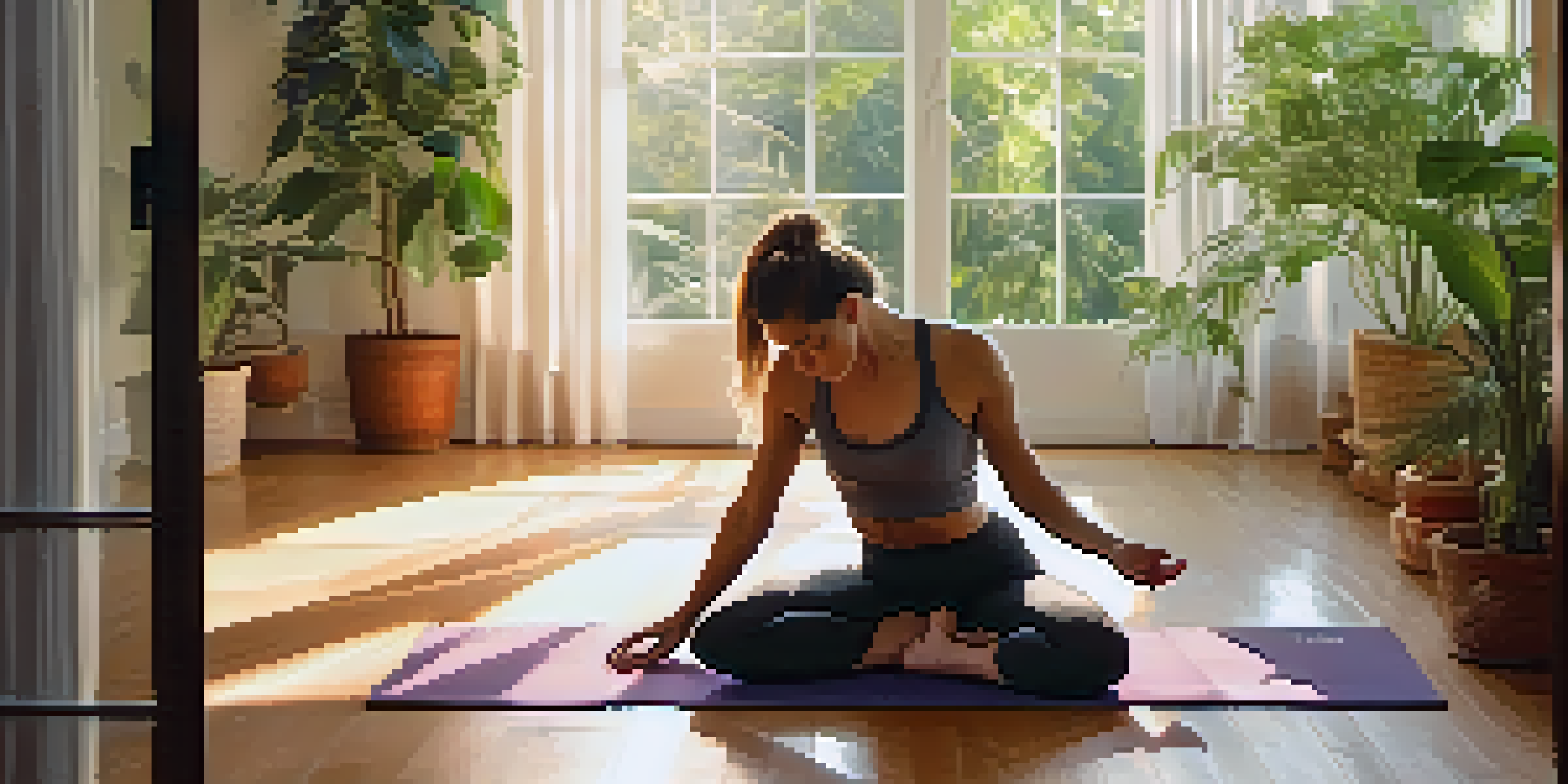 A woman practicing Downward Dog yoga pose in a bright, plant-filled room with soft morning light.
