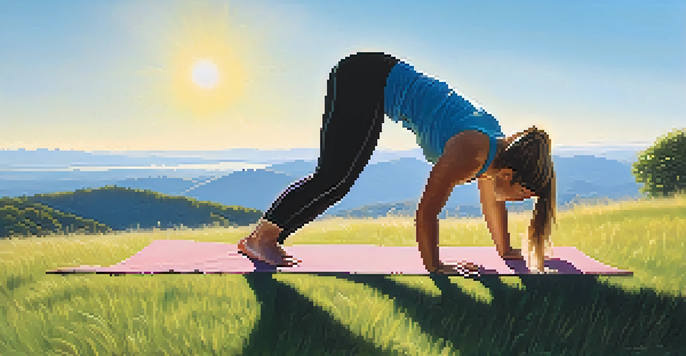 A person in downward-facing dog pose on a grassy hill with mountains and a blue sky in the background.