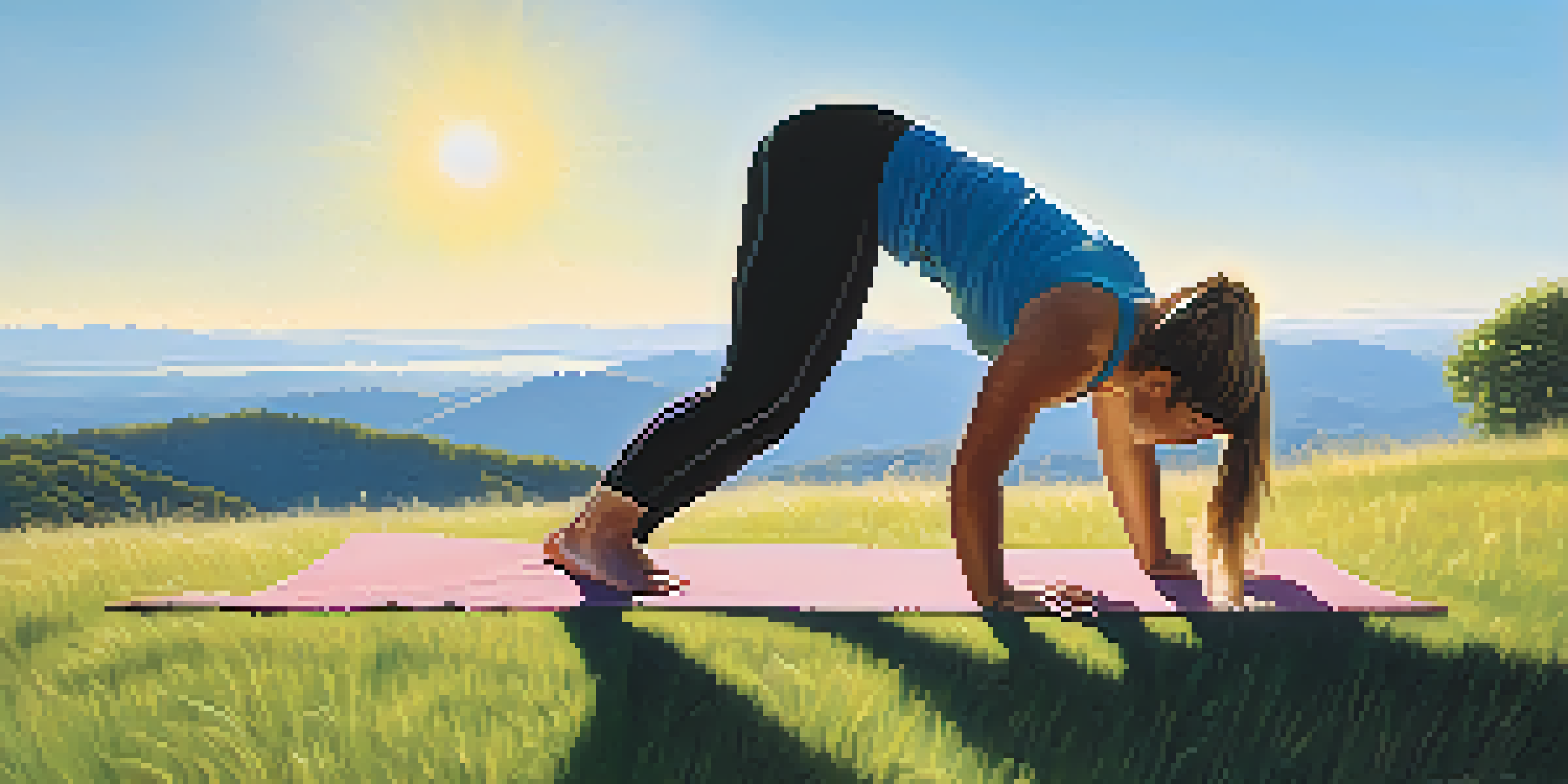 A person in downward-facing dog pose on a grassy hill with mountains and a blue sky in the background.