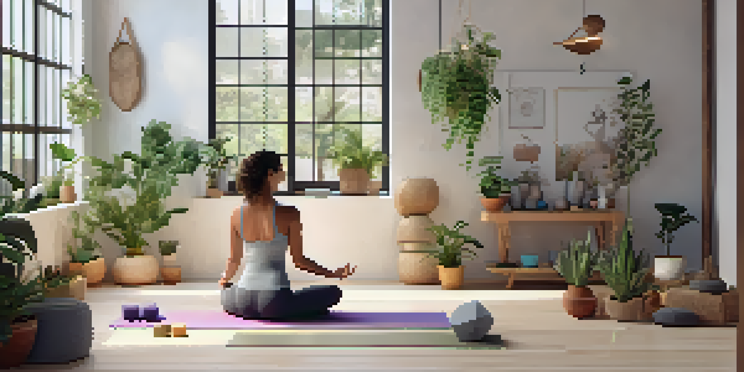 A tranquil yoga studio with natural light, showcasing various yoga props and a practitioner in a triangle pose.