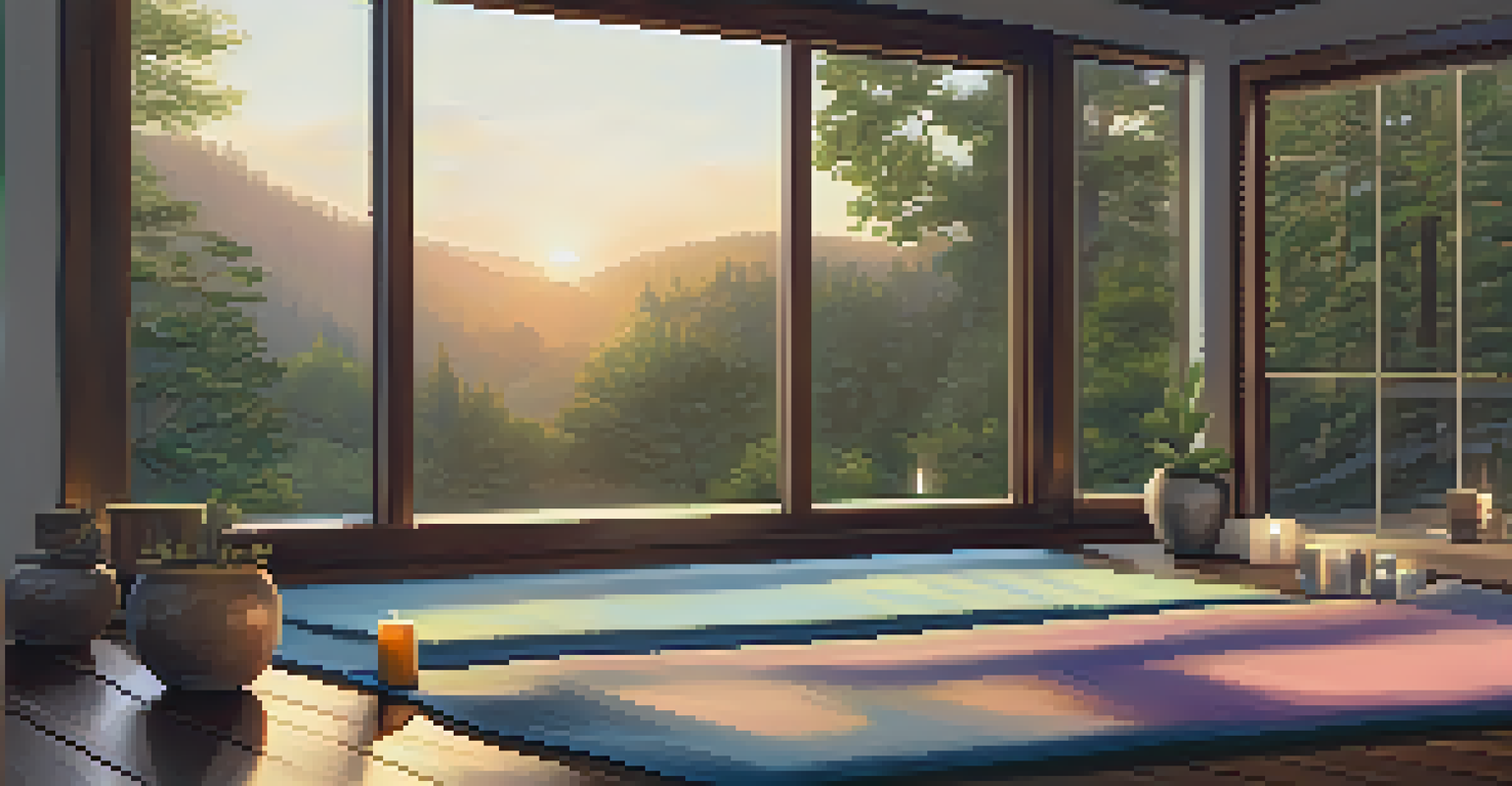 An inviting Yoga Nidra environment with soft lighting, calming essential oils, and a view of nature through a window, promoting healing.