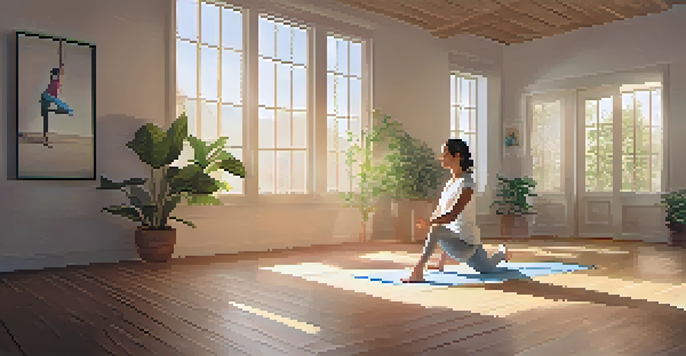 A person doing yoga in a bright, peaceful room with sunlight and plants.