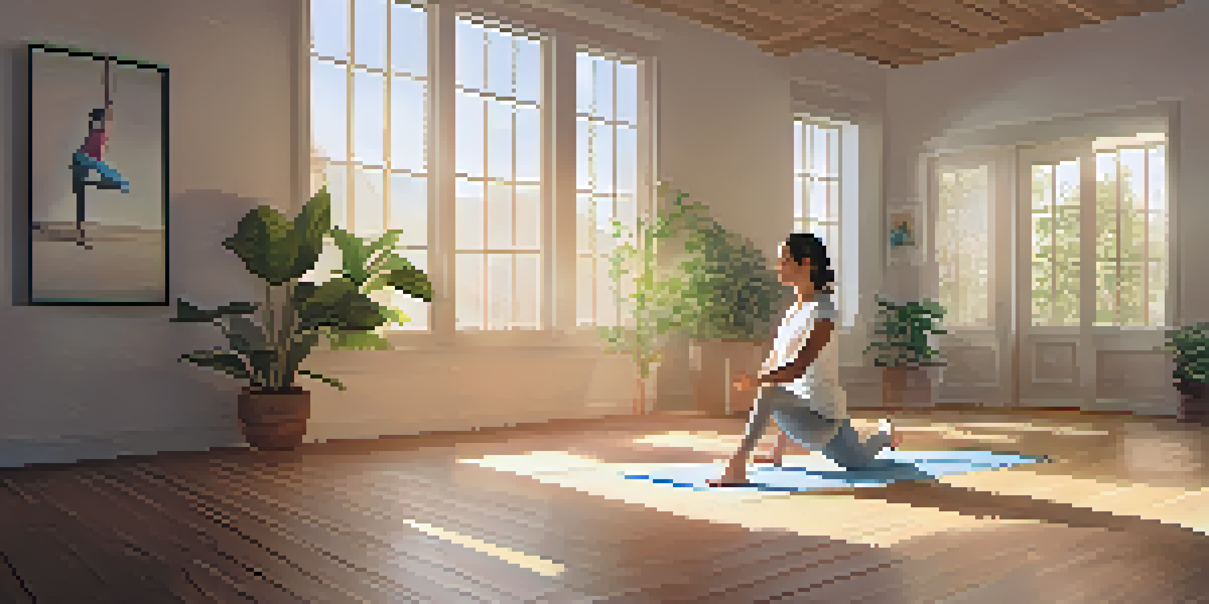 A person doing yoga in a bright, peaceful room with sunlight and plants.