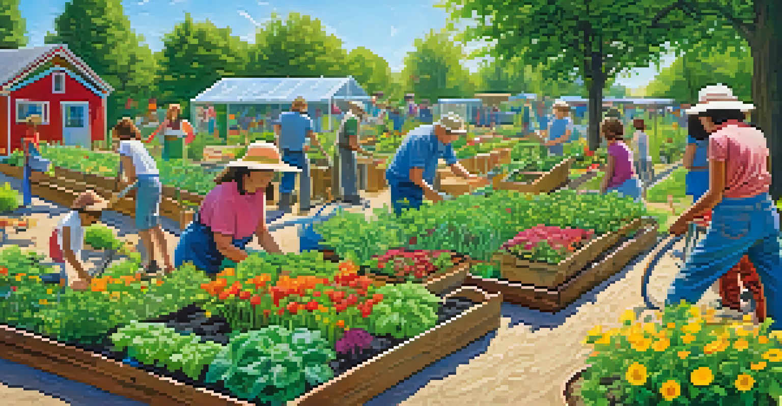 People working together in a vibrant community garden filled with plants and flowers.