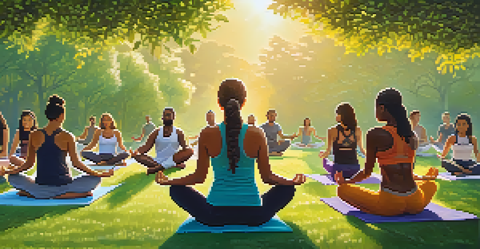 A diverse group of individuals practicing yoga together in a park at sunrise, showcasing unity and health.