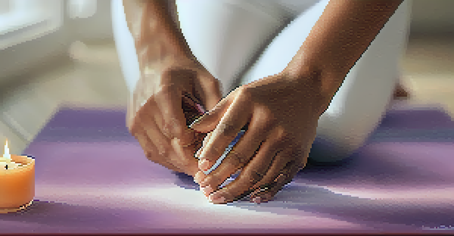 Close-up of hands applying essential oils to wrists with a yoga mat in a softly lit background.