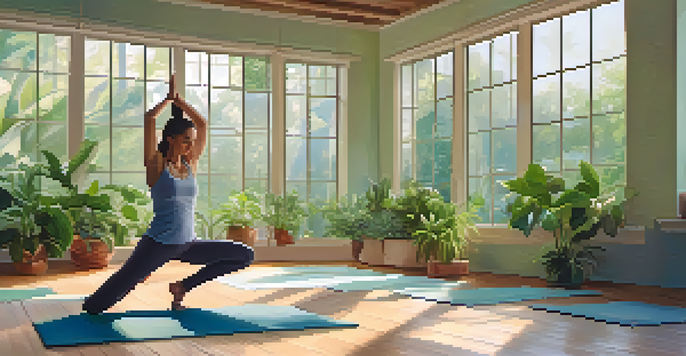 A person practicing yoga in a bright studio filled with plants, soft light, and a wooden floor.
