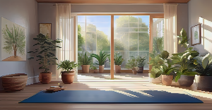 A peaceful yoga space with a mat, plants, and soft lighting, inviting mindfulness practice.