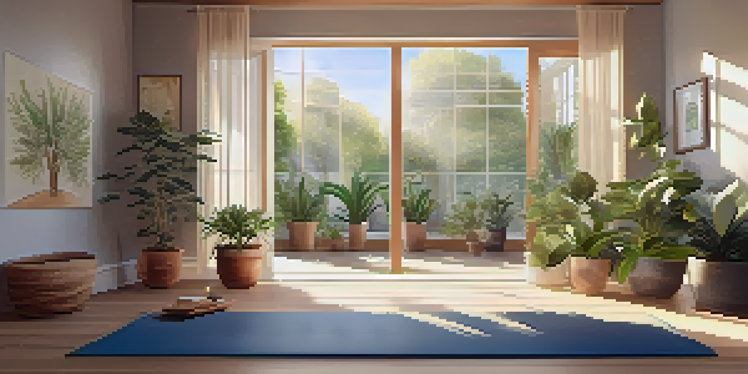 A peaceful yoga space with a mat, plants, and soft lighting, inviting mindfulness practice.