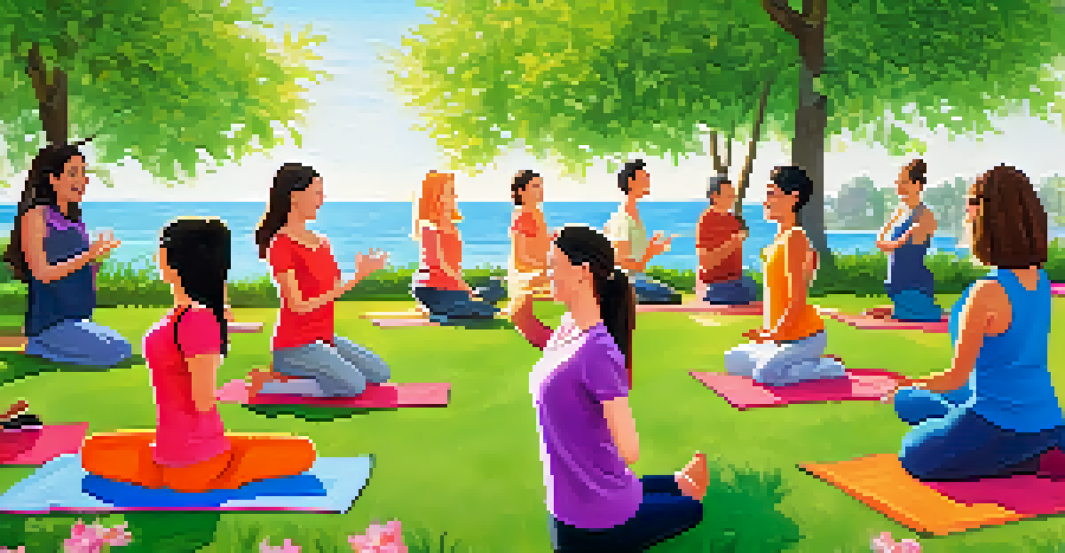 An instructor leading a laughter yoga session in a sunny park, with participants engaged and joyful.