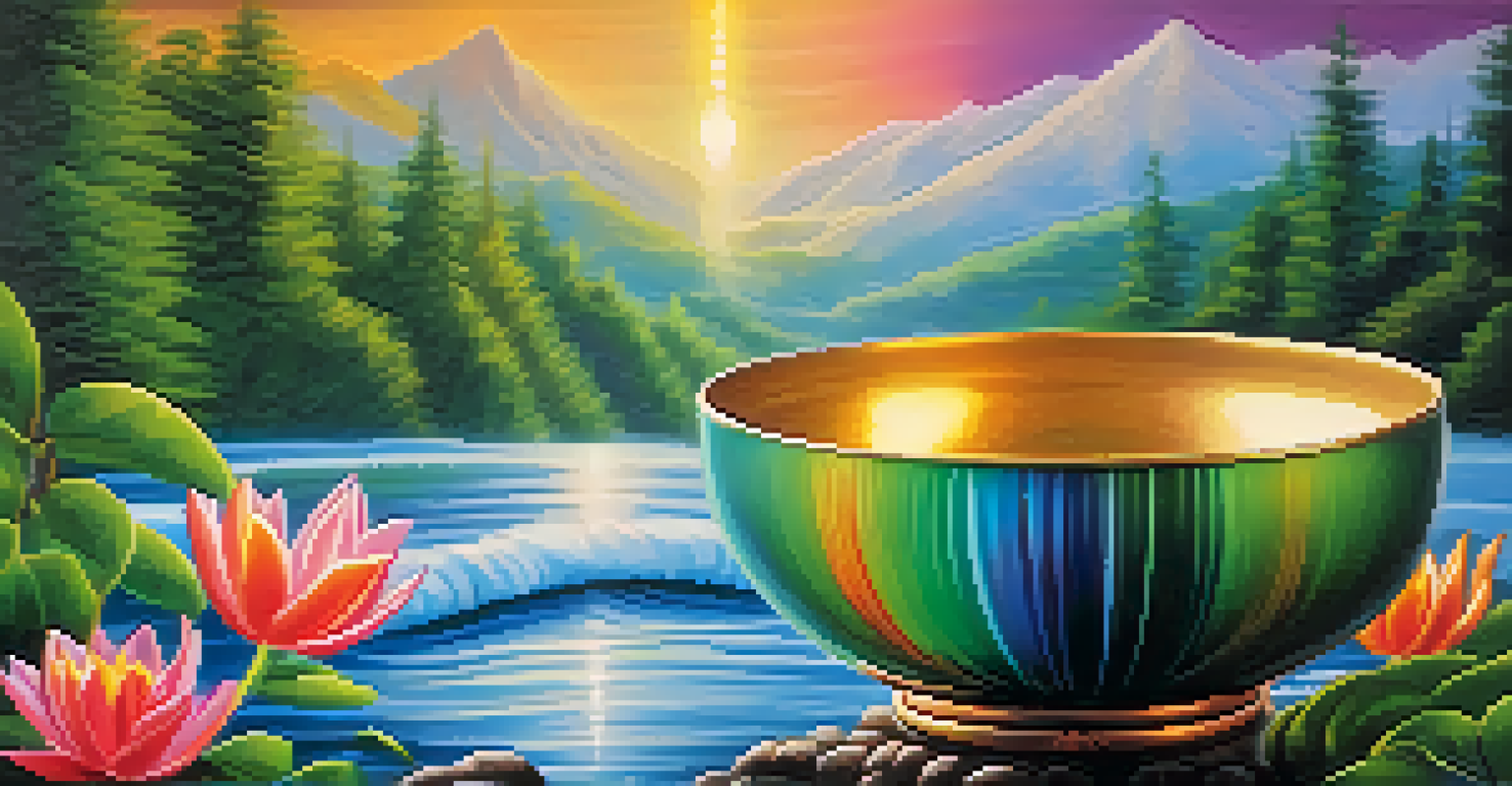 Vibrant sound waves emanating from a singing bowl against a tranquil nature backdrop with a river and greenery.