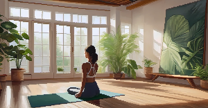 A peaceful yoga studio with natural light, featuring a person meditating among plants and yoga mats.