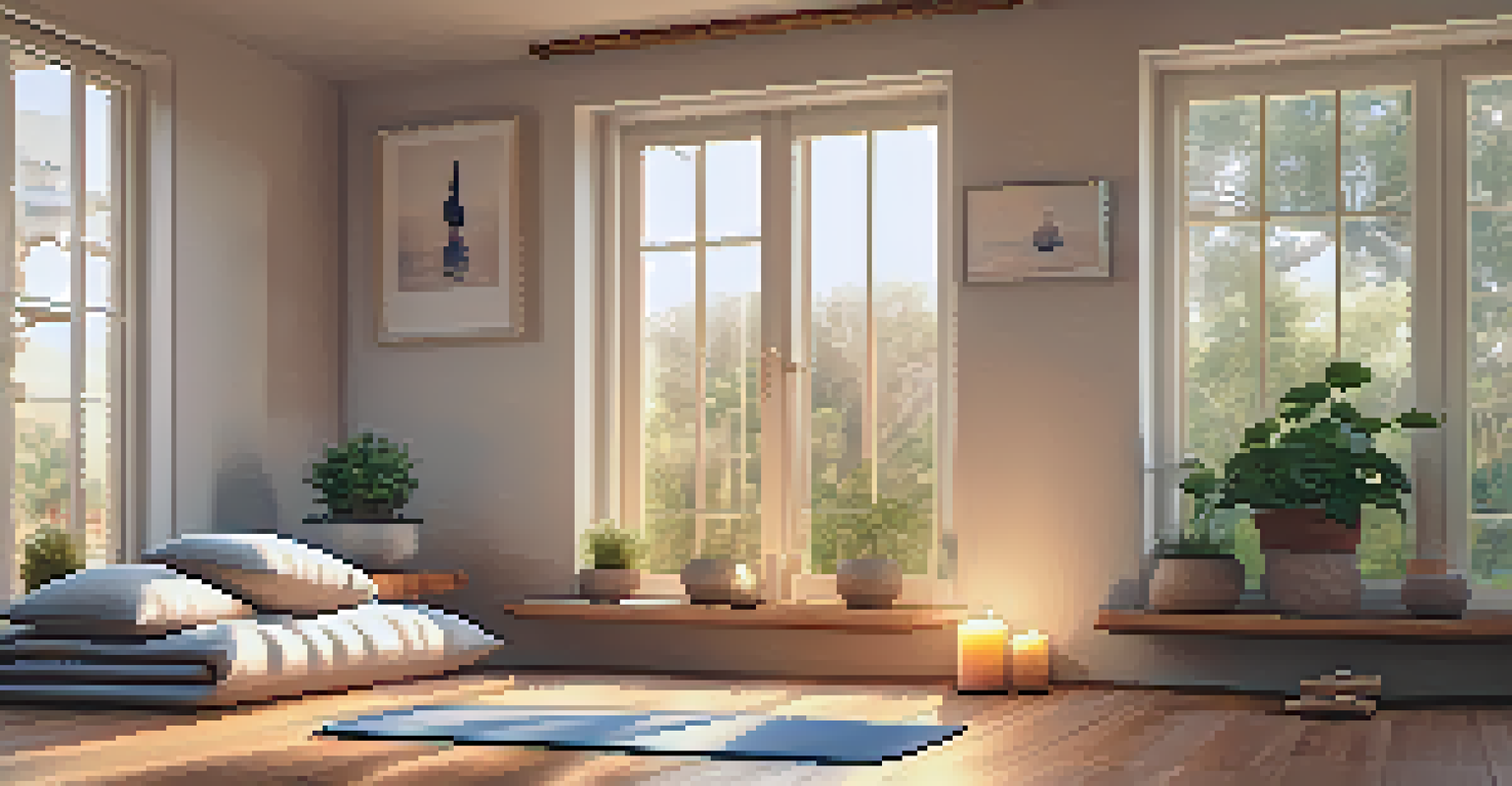 A cozy yoga corner at home with a mat, cushions, and candlelight, creating a warm and inviting atmosphere.