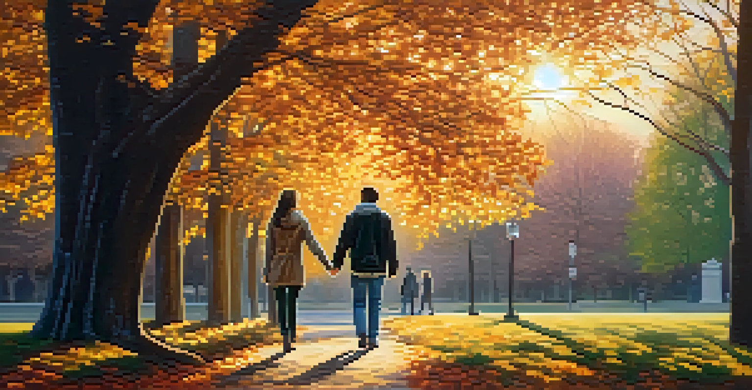 A couple walking in a park at sunset, holding hands and practicing mindfulness through deep breathing.