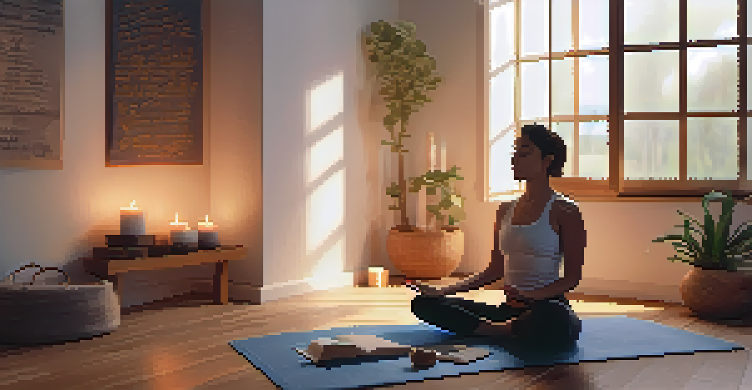 A cozy yoga corner with a person meditating, surrounded by candles and affirmations on the wall.