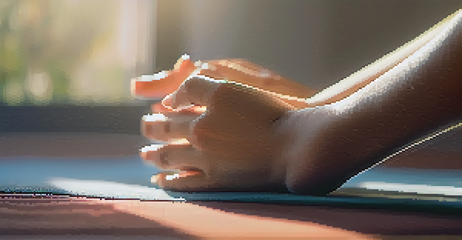 Close-up of hands in a meditative position on a yoga mat, with soft sunlight in the background.