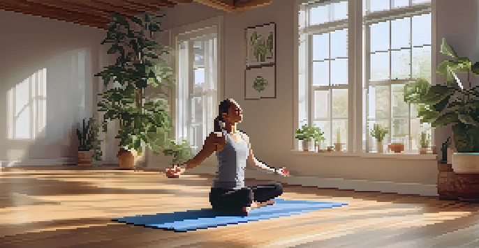 A person practicing yoga in a sunlit studio with plants and calming decor.
