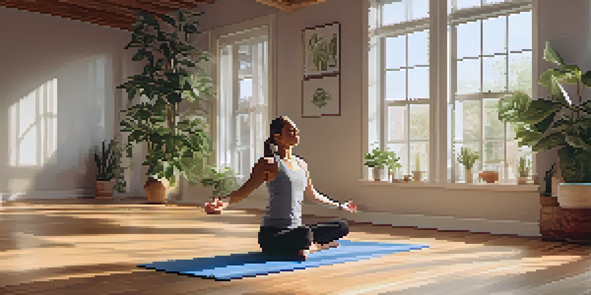 A person practicing yoga in a sunlit studio with plants and calming decor.