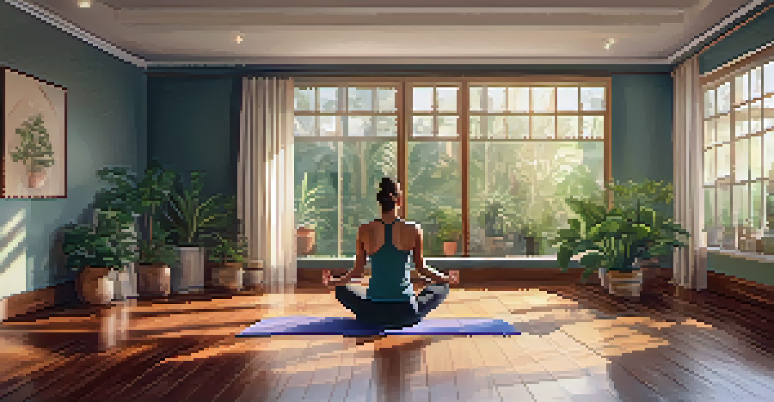 An individual practicing yoga in a peaceful indoor studio, performing a downward dog pose surrounded by plants and soft light.