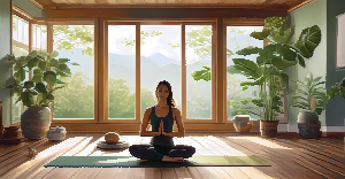 A calm yoga studio with sunlight, a person doing downward dog, and a journal with a pen nearby.