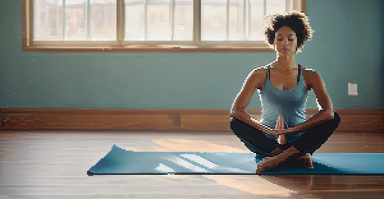 Close-up of a person practicing mindful breathing in yoga, highlighting their chest movement and a calming background.